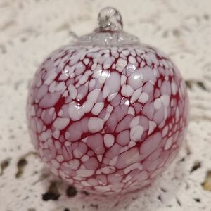 Cranberry Red and White Art Glass Ornament Speckled